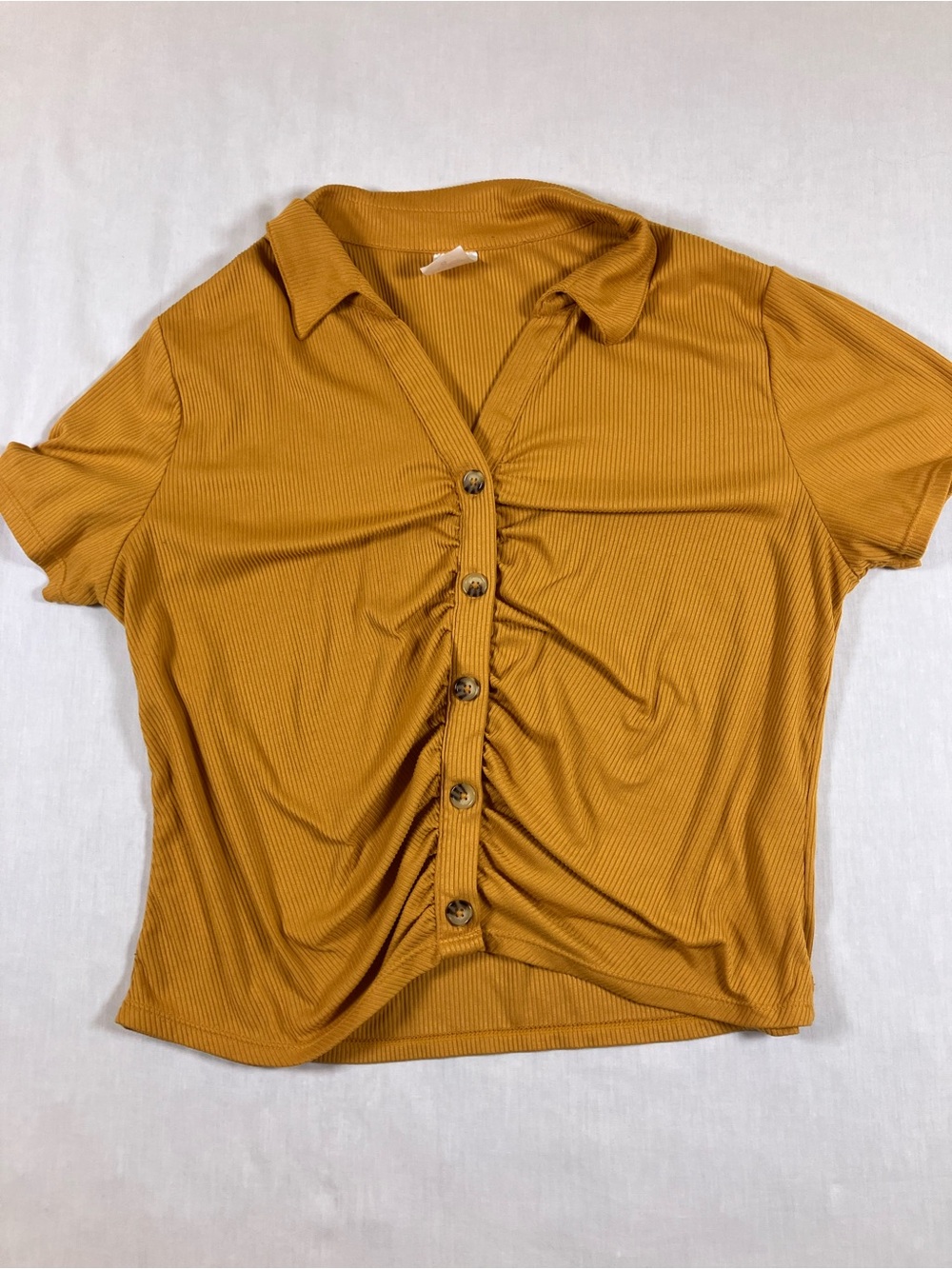 No Boundaries Mustard Ribbed Button-Front Short Sleeve Top